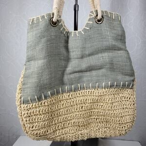 Sun n Sand Woven Tote 18"x17" Large Gray‎ Tan Beach Pool Shoulder Bag Summer